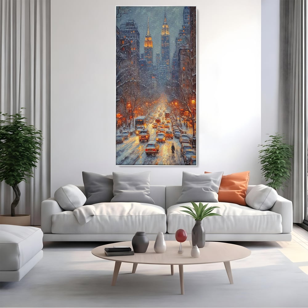 Tablou canvas cu pictura cu bulevard inzapezit si masini, in rama de aluminiu argintiu, pe perete intr-un living